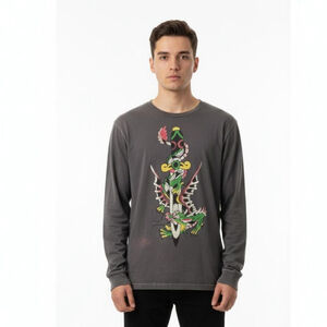 Ed Hardy Vintage Gray Dragon Dagger Long Sleeve Shirt - Medium - Color Flaws